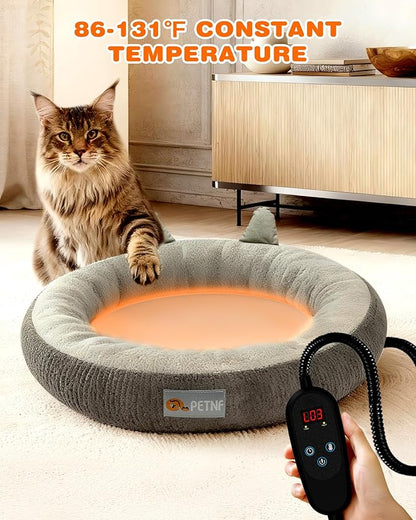 Heated Cat Bed Indoor Pets – Adjustable Temperature 86-131℉ Cat Heating Pad with Timer, Chew Resistant 87 Inch Cord, Washable Cover, Round Cozy Donut Pet Bed for Small Cats Kittens Dogs