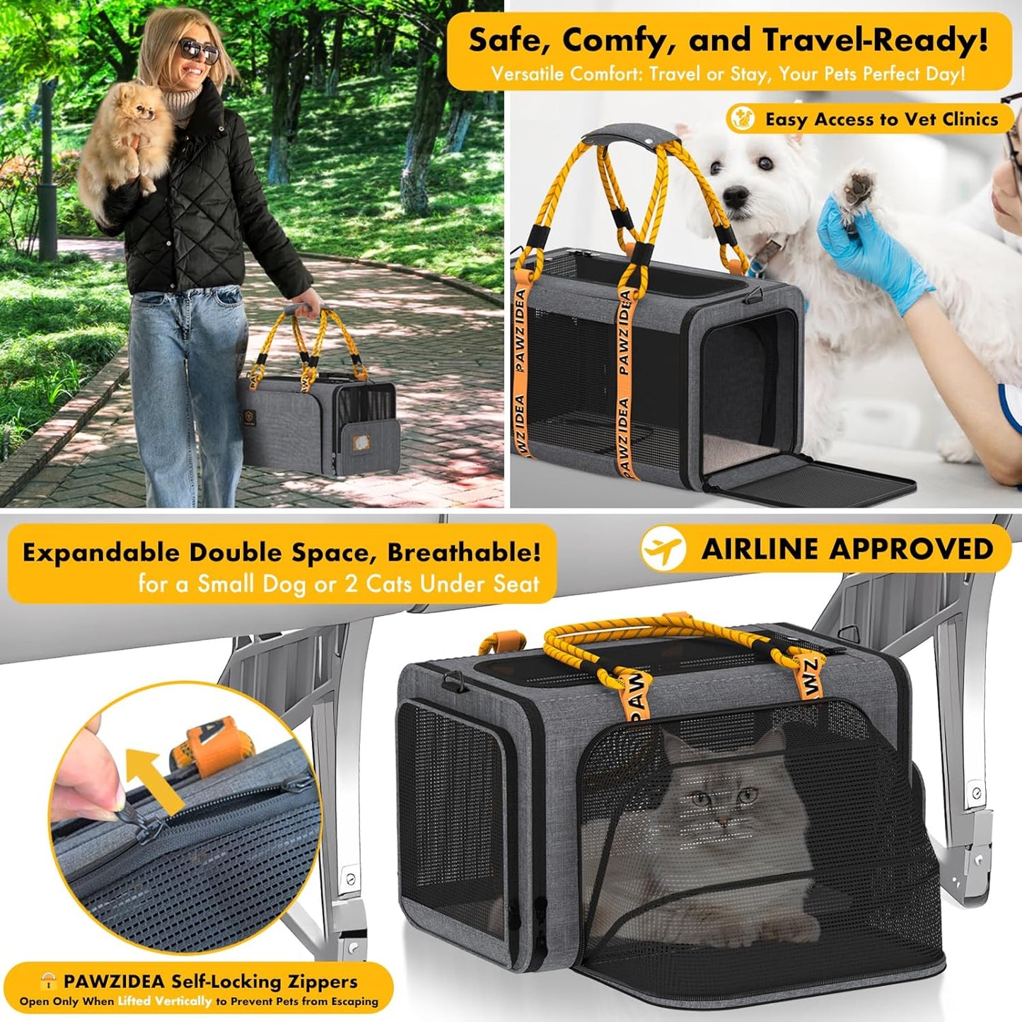 PAWZIDEA Expandable Pet Carrier Airline Approved, 18×11×11 Inches Small Dog Carriers, Collapsible Top-Load Cat Carrier for 2 Cats Under Seat, Soft-Sided Puppy & Animal Travel Bag, ID Card, Up to 15lbs