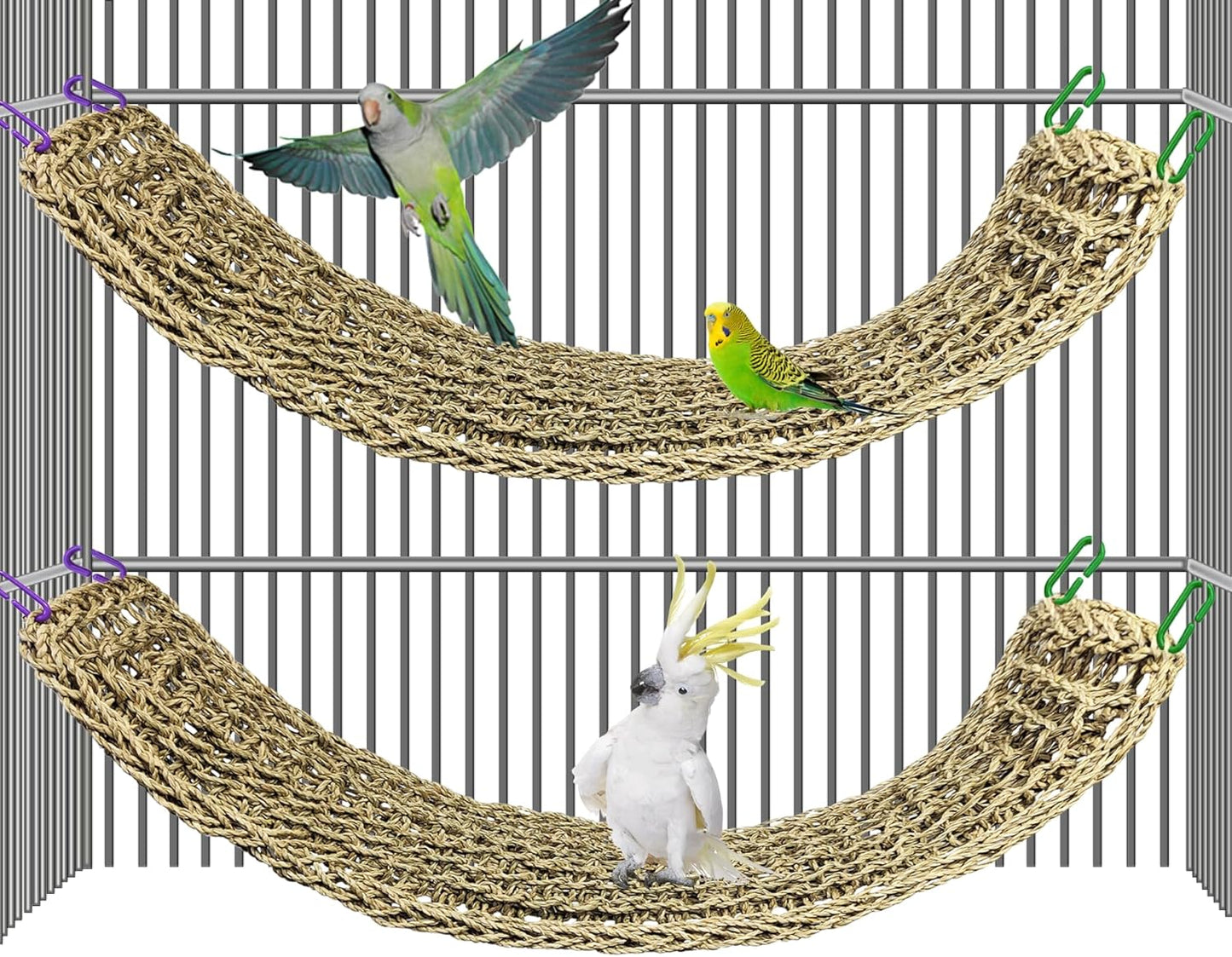 2Pcs Bird Seagrass Mat 30 × 7" Natural Grass Woven Net Hammock with Hooks Climbing Rope Ladder Chew Toys Hanging on Parrot Cage for Lovebird Pigeon Cockatiel Conure Budgie Cockatoo