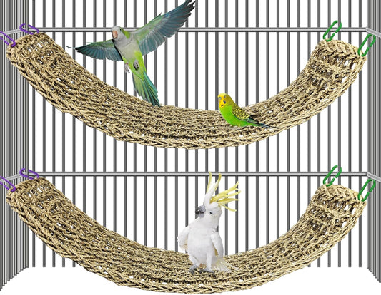 2Pcs Bird Seagrass Mat 30 × 7" Natural Grass Woven Net Hammock with Hooks Climbing Rope Ladder Chew Toys Hanging on Parrot Cage for Lovebird Pigeon Cockatiel Conure Budgie Cockatoo