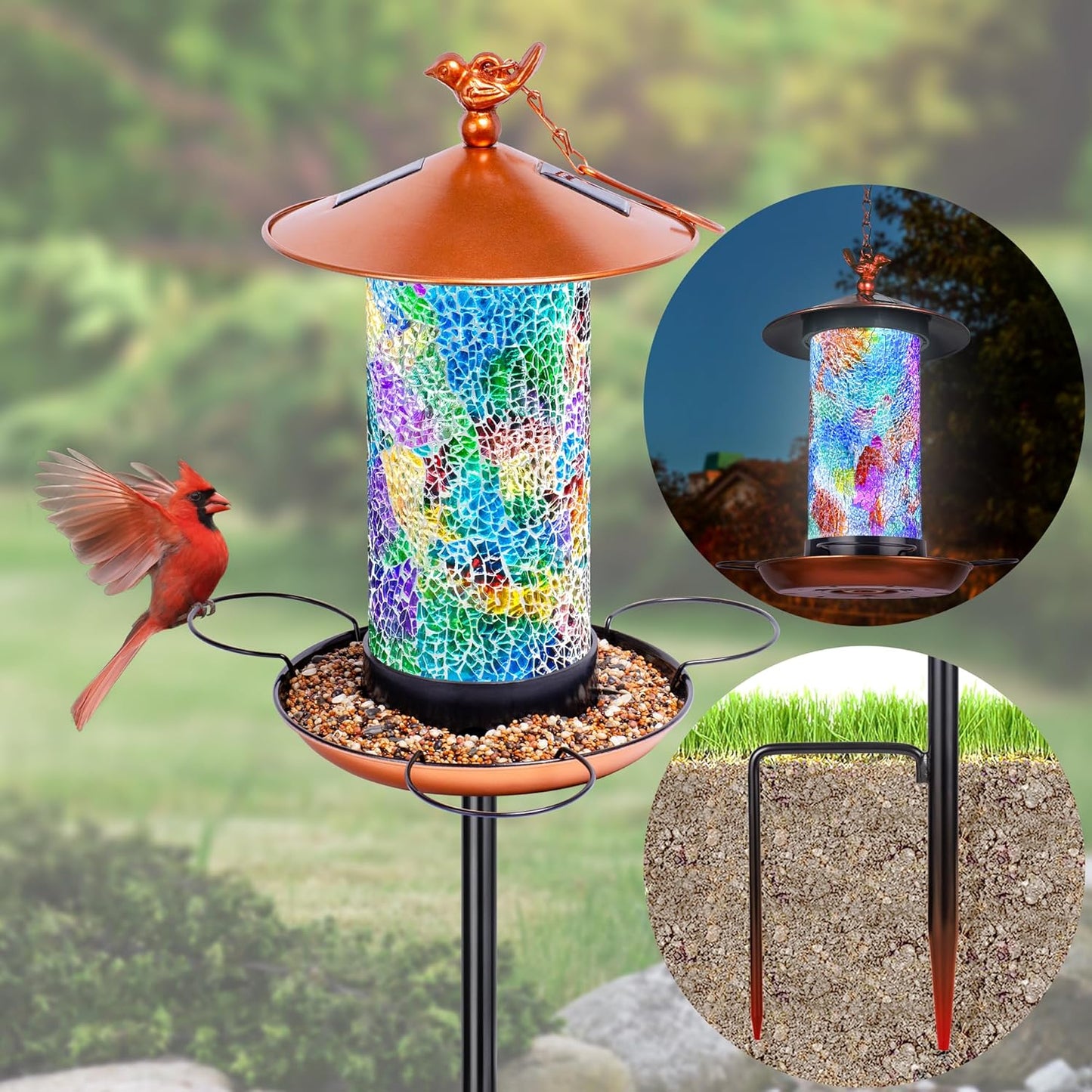 XDW-GIFTS Mosaic Solar Wild Bird Feeder with Pole Kit, Waterproof Lantern Design with Adjustable Heavy-Duty Bird Feeder Post for Outside, Garden- Unique Gifts for Mom,Women, Grandma,Bird Lovers