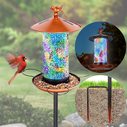 XDW-GIFTS Mosaic Solar Wild Bird Feeder with Pole Kit, Waterproof Lantern Design with Adjustable Heavy-Duty Bird Feeder Post for Outside, Garden- Unique Gifts for Mom,Women, Grandma,Bird Lovers