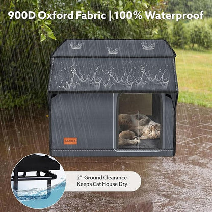 Large Heated Cat House for Outdoor Cats in Winter, Weatherproof & Elevated Outdoor Feral Cat Houses with Pet Heating Pad Bed, Outside Cat House for Stray Barn Cat