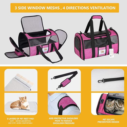 Cat Carrier for Cats Small Dogs, Kitten,Puppy Pet Carrier for Small Medium Cats Under 15lb, Collapsible Soft Sided TSA Approved Travel Carrier, Red