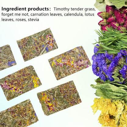 Hamiledyi Rabbit Chew Toys 15 Pieces Natural Timothy Hay Chips Chew Treats with Herbal Floral Scent for Rabbit Guinea Pig Hamster Chinchilla