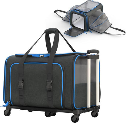 Katziela Rolling Rover Airline Compliant Expandable Premium Pet Carrier 6-Wheeled Baseboard Telescopic Handle Two-Sided Expandable Rolling Carrier Designed (Black- Blue Piping)