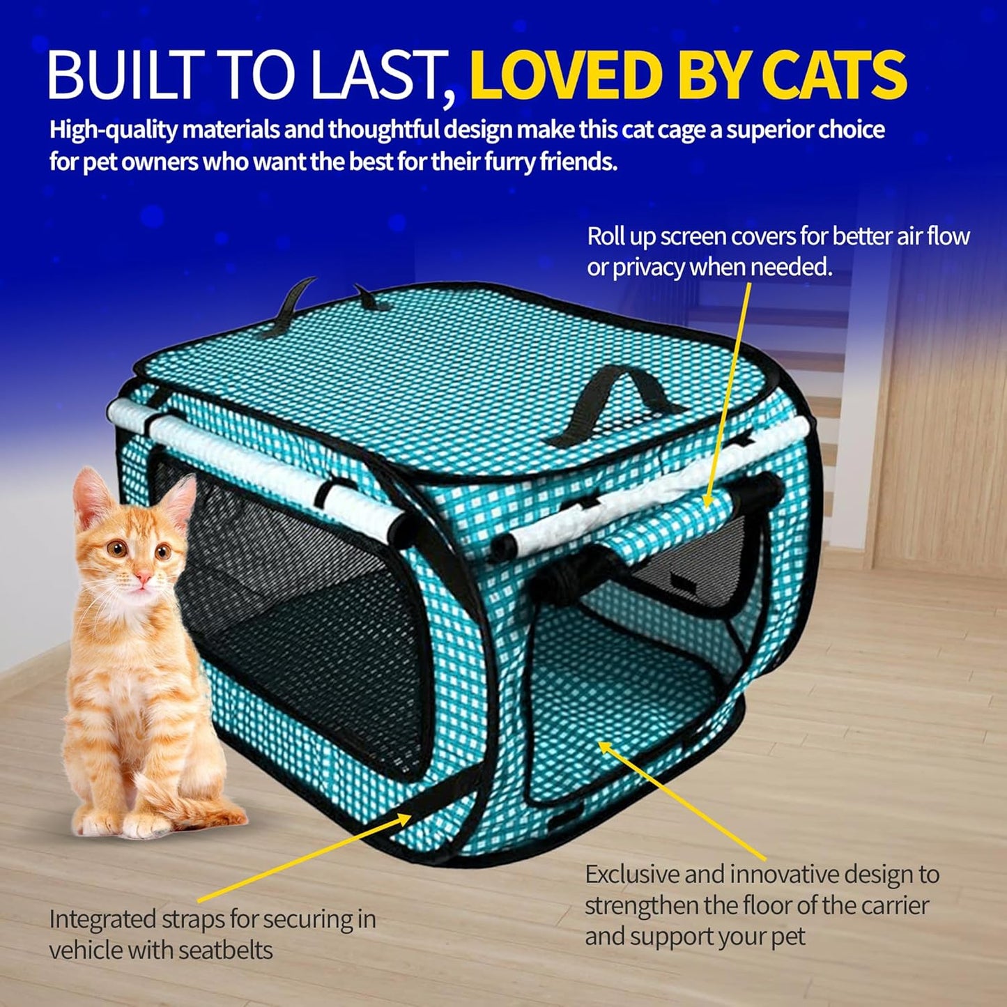 Pet Fit For Life Extra Large Cat Carrier for Travel - Foldable & Portable Collapsible Kennel with Litter Box, Feather Toy & Water/Food Bowl - Ideal for Cars, Long Trips & Indoor Cats - Teal Checkers