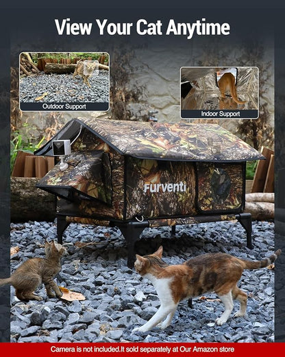 Heated Cat House for Outside,Extremely Weatherproof&Insulated in Winter,Elevated Outdoor Cat Shelter with Waterproof Eaves&Escape Door for Feral Stray Barn Cats(Leaves,M)