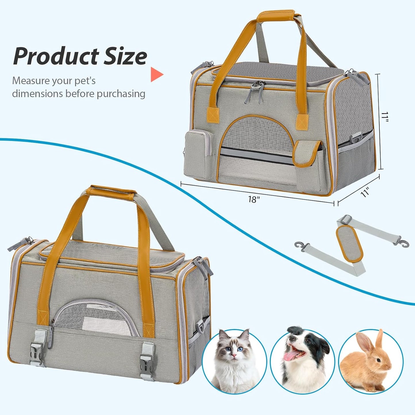 18x11x11 Inches Cat Carrier– Fits Pets Up to 16 lbs, Anti-Collapse Design, Multiple Storage Pockets, Cat Carrier Soft Ideal for Medium Cats, Puppy, Rabbits and Other Small Animals