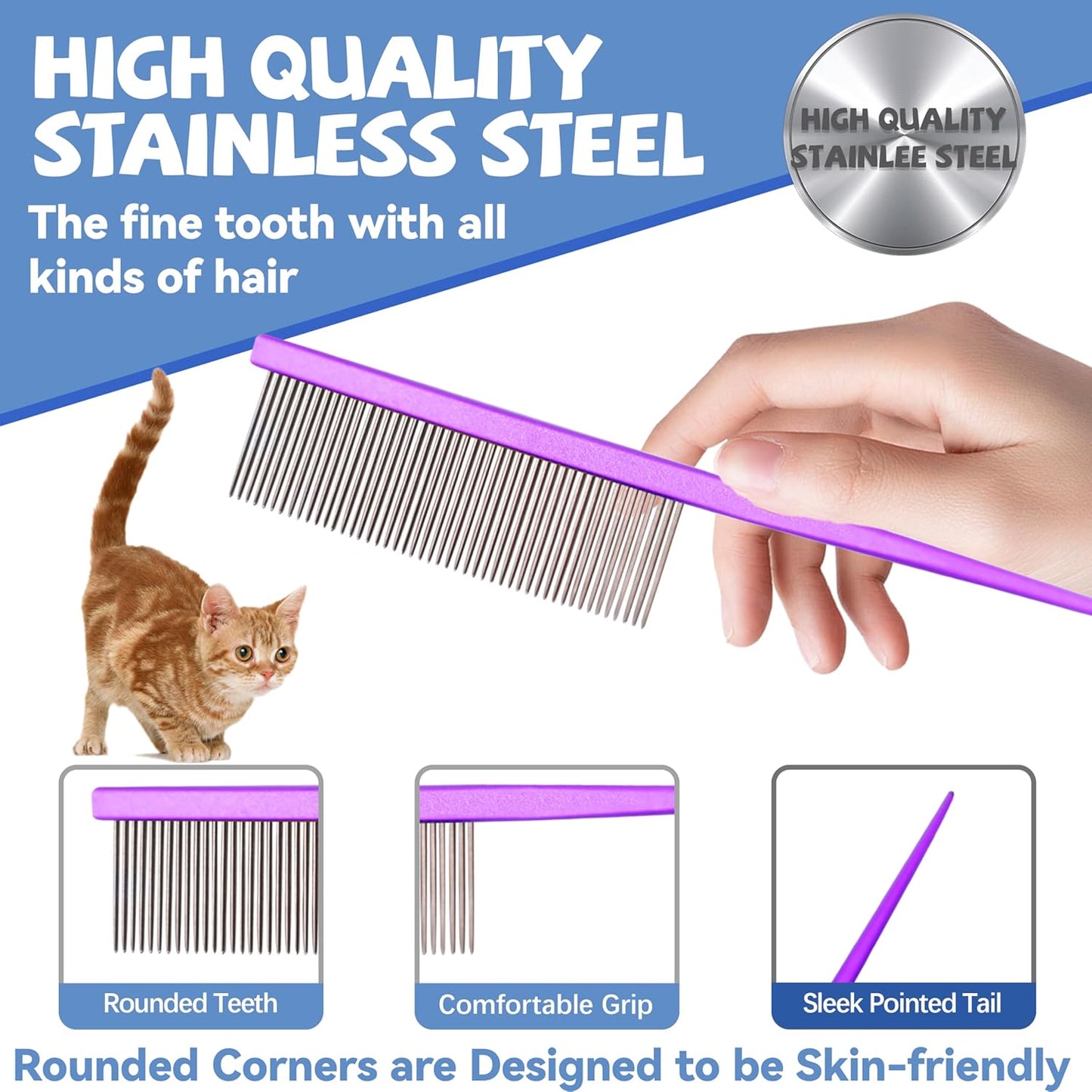 Grooming Pet Comb Rat Tail Dematting Cat and Dog Comb，Rounded Ends Design for Safe Tangle Removal, Hairstyling, Massage，Loose Hair Removal，Prevent Irritation，Fluffing Paws,Face,Tail,Remove Tear Stain