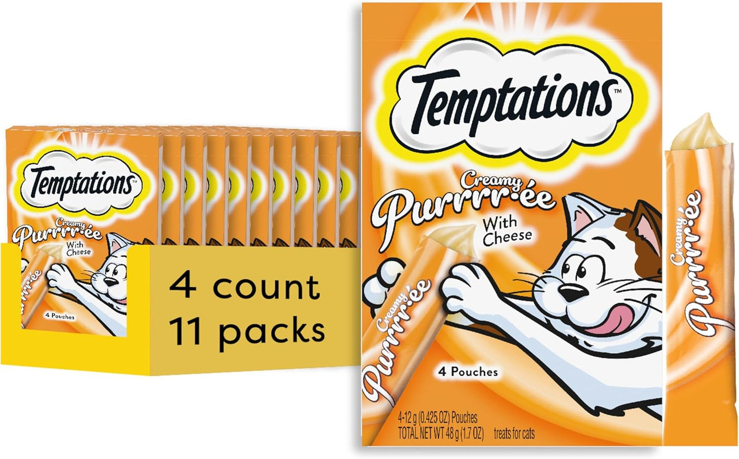 Temptations Creamy Puree Squeezable Lickable Wet Cat Treats with Cheese, 0.42 oz. Tubes, 4 Count, Pack of 11 (44 Total)