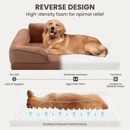 Orthopedic Dog Beds for Medium Size Dogs, Waterproof Egg-Crate Foam Pet Couch Bed with Soft Sides, Non-Slip Dog Sofa with Flannel Removable Washable Cover, 28" L Supportive Pet Sofa, Brown