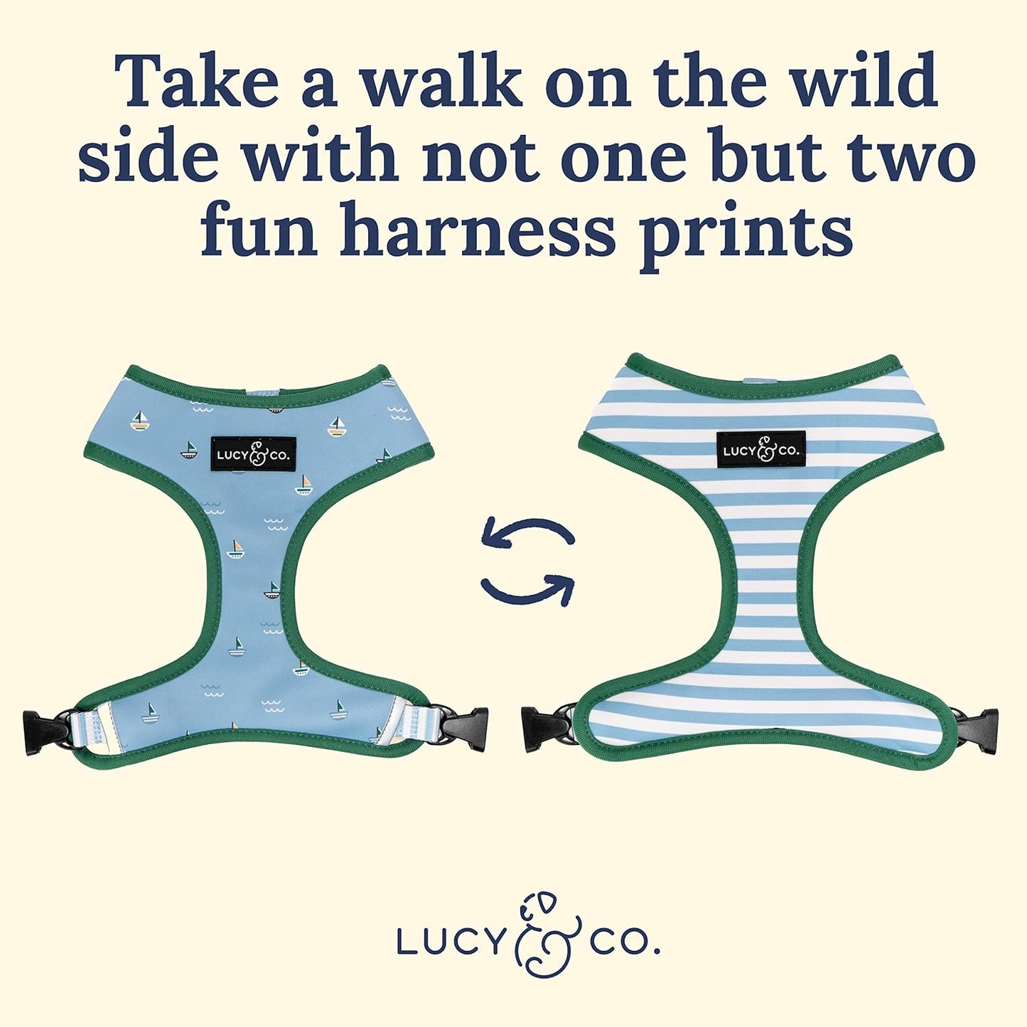 Lucy & Co. Set Sail Reversible Harness, Walking Halter - Best Designer Pet Harnesses for Medium Dogs - Padded Adjustable Vest for Easy Walking, Medium, Blue & White Stripes & Sailboats