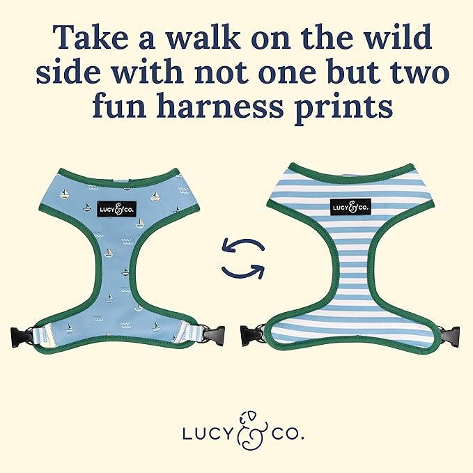 Lucy & Co. Set Sail Reversible Harness, Walking Halter - Best Designer Pet Harnesses for Small Dogs - Padded Adjustable Vest for Easy Walking, Small, Blue & White Stripes & Sailboats