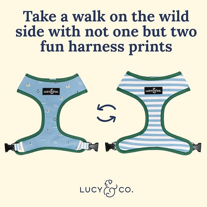Lucy & Co. Set Sail Reversible Harness, Walking Halter - Best Designer Pet Harnesses for Large Dogs - Padded Adjustable Vest for Easy Walking, Large, Blue & White Stripes & Sailboats