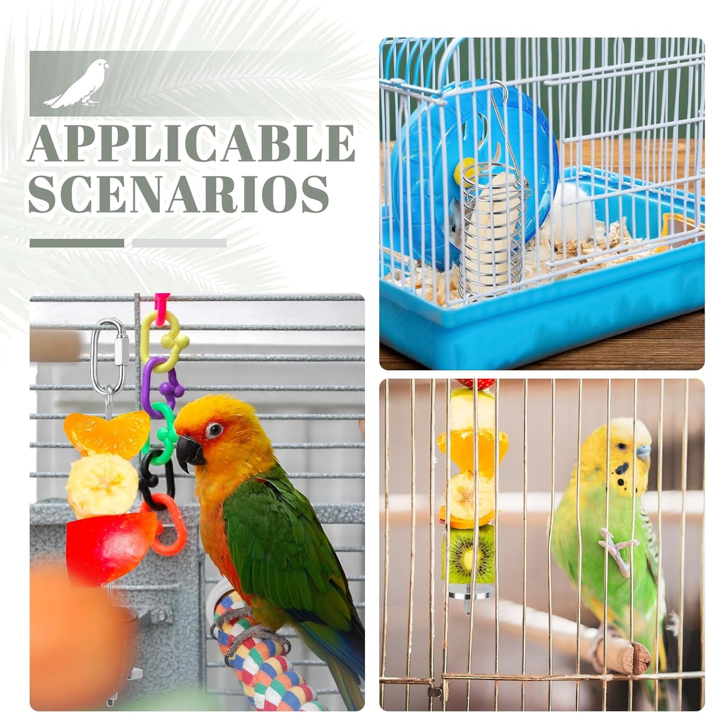 3 Pieces Stainless Steel Bird Cage Food Holder Set, Hanging Millet Holder Basket and Parrot Fruit Vegetable Skewer, Slow Treat Feeder Parrot Foraging Toys for Rat Small Pet Feeding