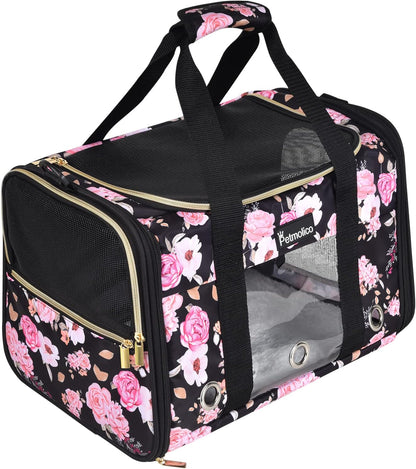 Petmolico Cat Carrier Soft-Sided Pet Bag for Small Medium Cats Puppies 16LBs - Airline Approved Pet Travel Carrier 3 Open Doors (Medium,Pink Peony)