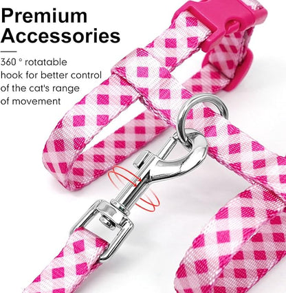 azuza Cat Harness and Leash Set for Safe Walking and Travel, Escape Proof Cat Harness, Lightweight Soft and Comfortable, Adjustable Kitten Harness for Small Medium Large Cats, Pink Plaid