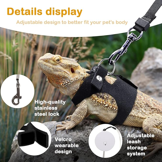 Bearded Dragon Leash and Harness Set - 3-Size Adjustable Soft Leather Vest with Retractable Leash, Easy-Wear Design (Black, 3M)