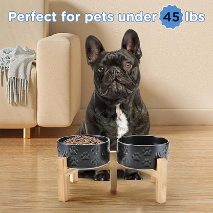 SPUNKYJUNKY Elevated Dog Bowls Ceramic, 6.1'' Dogs and Cat Food Water Bowls Raised with Non-Slip Bamboo Stand for Medium Sized Breed Microwave Dishwasher Safe - 28.7 OZ,Paw Black