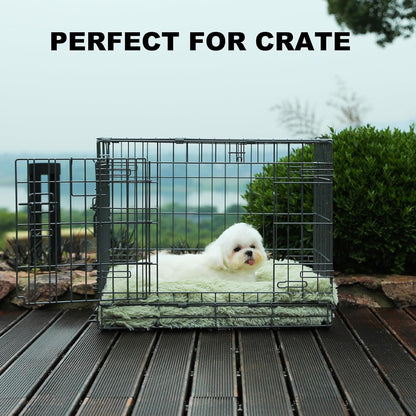 Bedfolks Waterproof Crate Bed, Plush Dog & Cat Kennel Pad with Removable Cover, Faux Fur, Washable, 17"x12", Sage Green