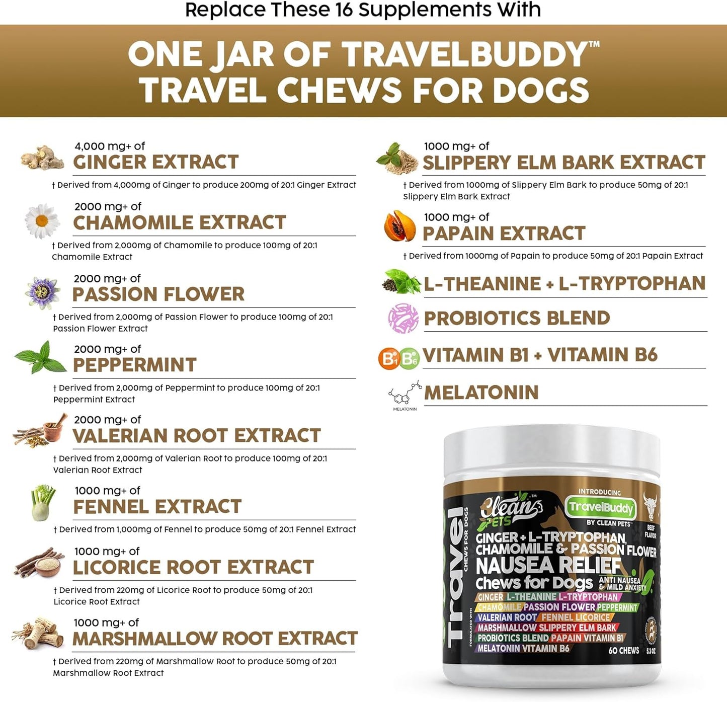 Travel Chews Nausea Relief for Dogs | Ginger L-Tryptophan Chamomile Passion Flower L-Theanine Peppermint Valerian Root Fennel Licorice Root Marshmallow Root Slippery Elm Melatonin Chew