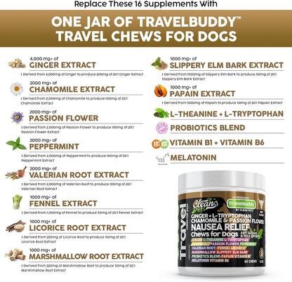 Travel Chews Nausea Relief for Dogs | Ginger L-Tryptophan Chamomile Passion Flower L-Theanine Peppermint Valerian Root Fennel Licorice Root Marshmallow Root Slippery Elm Melatonin Chew