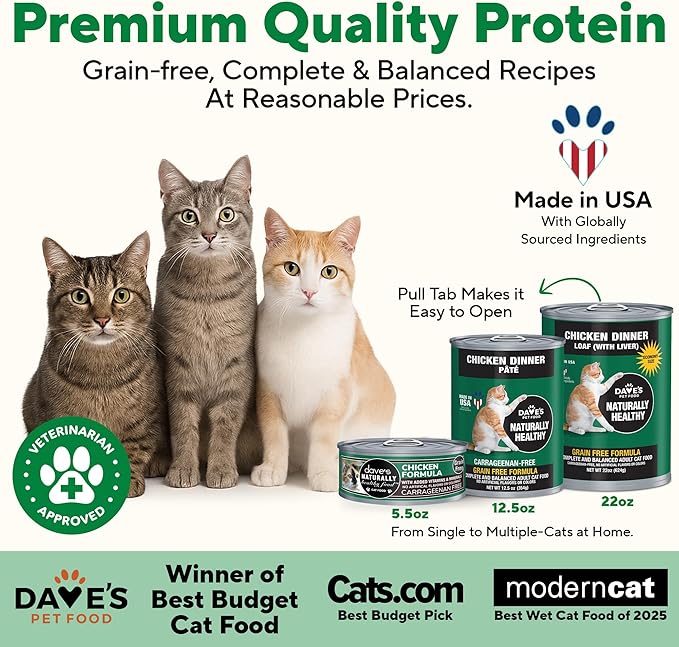 Dave's Pet Food Grain Free Wet Cat Food Pate (Chicken Formula), Made in USA Naturally Healthy Canned, Added Vitamins & Minerals, 5.5 oz Cans (24 Pack)