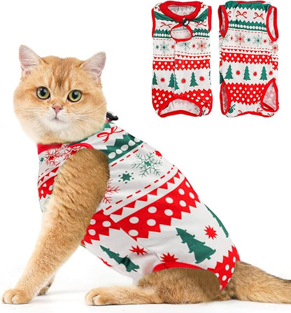 Avont Cat Recovery Suit - Kitten Onesie for Cats After Surgery, Cone of Shame Alternative Surgical Spay Suit for Female Cat, Post-Surgery or Skin Diseases Protection -Christmas(M+)