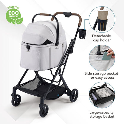 ibiyaya Tinker Pet Stroller for Small Dogs and Cats – 3-in-1 Pet Carrier, Dual-Opening Canopy, No-Flat Wheels, Vegan Leather Handle, Large Storage Basket (Silver Gray)