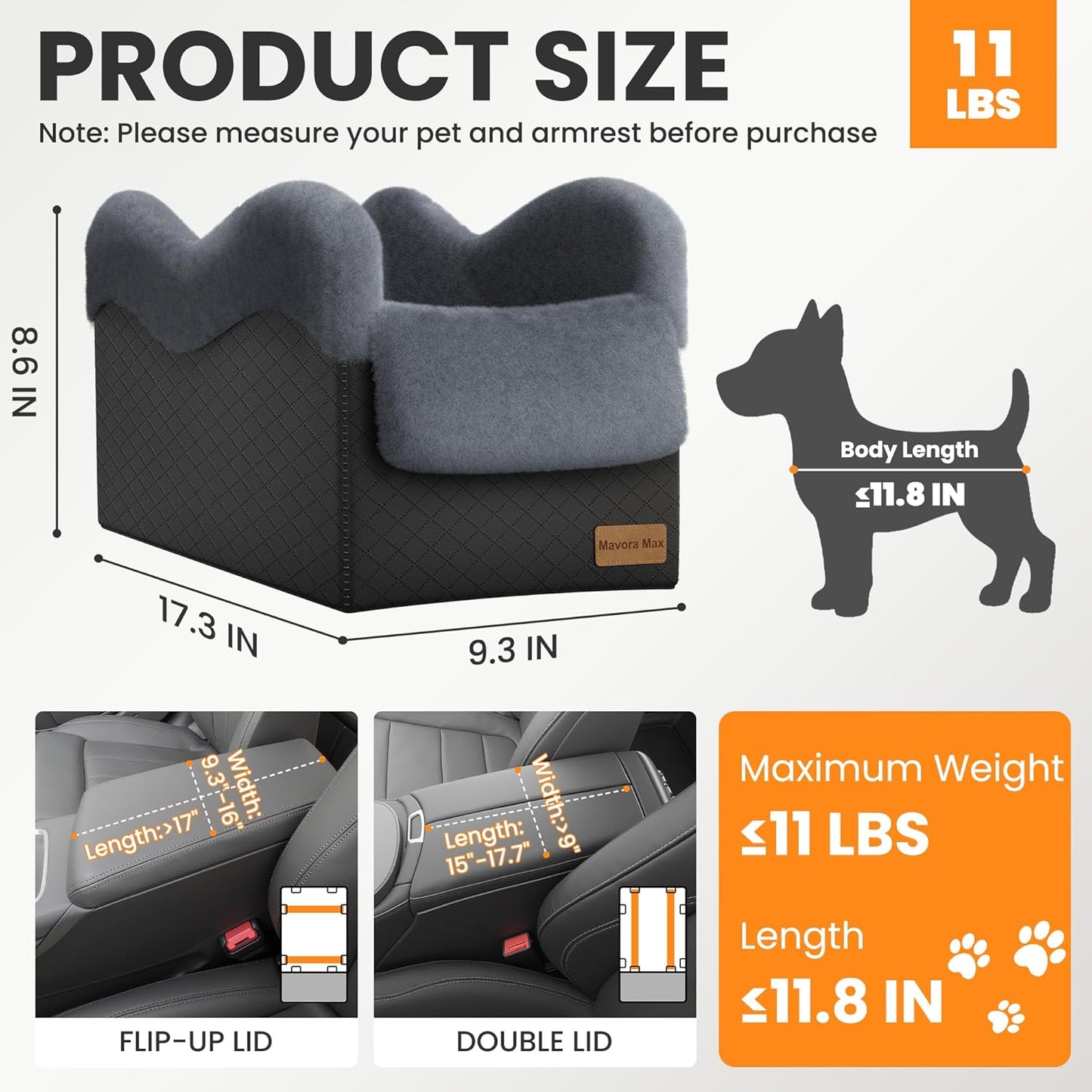 Portable Small Dog Seat for Car, Luxury Center Console Dog Car Seat Booster with Safety Tethers, Auti-Collapse Pet Travel Carseat for SUV, Truck (Black/Grey)