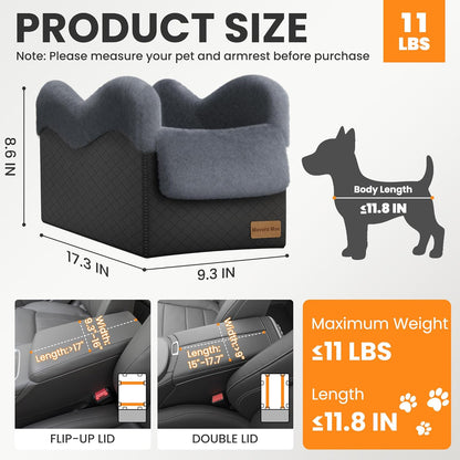 Portable Small Dog Seat for Car, Luxury Center Console Dog Car Seat Booster with Safety Tethers, Auti-Collapse Pet Travel Carseat for SUV, Truck (Black/Grey)