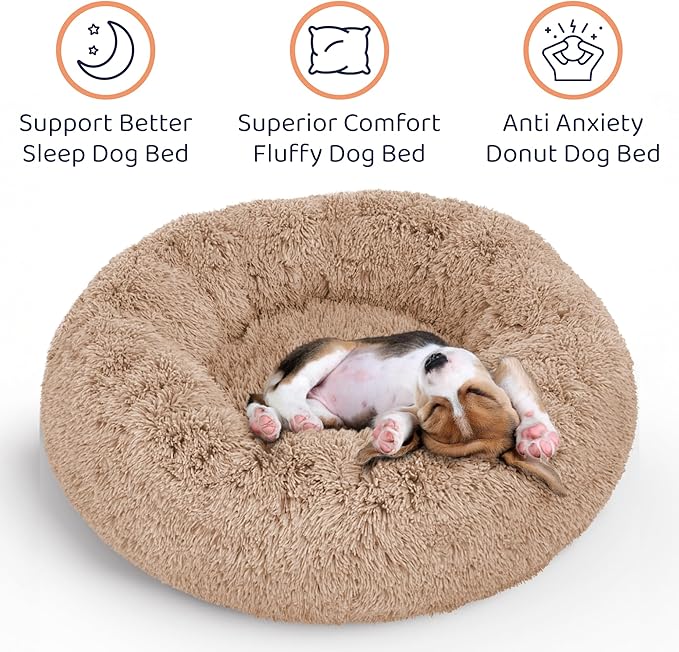 Donut Dog Bed - Premium Comfort for Anxiety Relief - Fluffy & Calming Design with Ultra-Plush Support | Cozy Round Dog Bed with Super Soft Circle Style (Size S Camel)