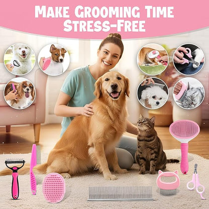 7-in-1 Pet Grooming Kit for Dogs & Cats Deshedding Brush, Bath Brush, Flea Comb, Nail Clipper & Massage Glove Complete Grooming Set for Small & Large Pets