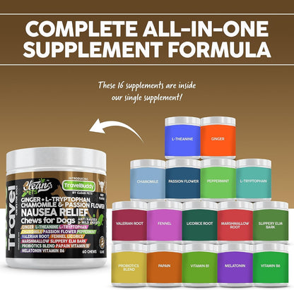 Travel Chews Nausea Relief for Dogs | Ginger L-Tryptophan Chamomile Passion Flower L-Theanine Peppermint Valerian Root Fennel Licorice Root Marshmallow Root Slippery Elm Melatonin Chew