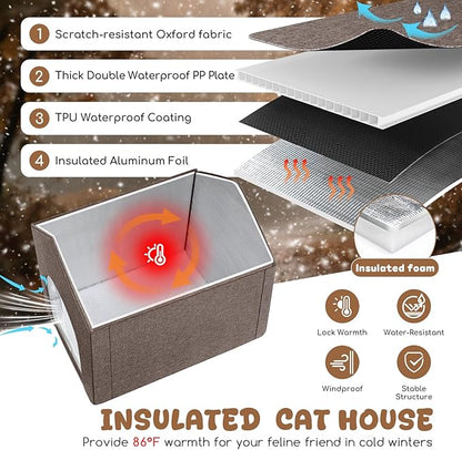 Insulated Outdoor Cat House Weatherproof, Winter Cat Houses for Outdoor Cats with Heated-Foil, Waterproof Feral Stray Cat Shelter with Warm Mat and Door Curtain, Easy to Assemble, Brown