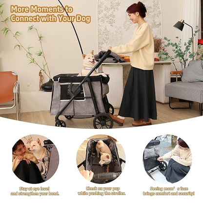 Medium Dog Stroller for Small to Large Dogs 4 Wheels Multi Pet Stroller for 4 Dogs Holds Up to 40lbs, One-Click Folding&Smooth Tires&Sunshade & Storage Basket (Gray, Medium)