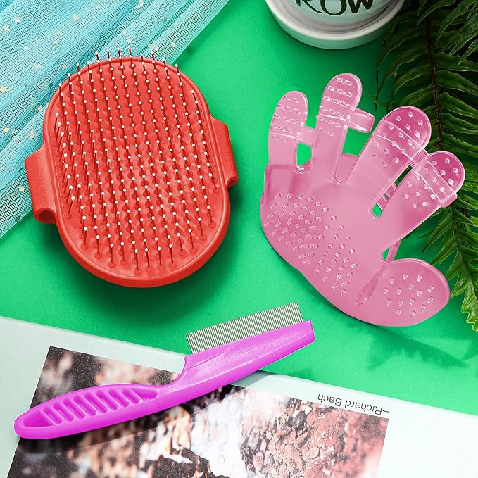 Patelai 4 Pieces Bunny Grooming Kit: Rabbit Nail Clipper, Rabbit Brush, Hair Remover, Shampoo Brush with Adjustable Ring Handle for Rabbits, Hamsters(Pink, Red)