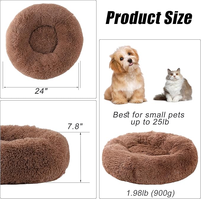 Small Round Dog Bed, Cat Beds for Indoor Cats, Calming Anti-Anxiety Donut Bed for Puppy and Kitten, Washable Round Fluffy Pet Bed for Small Medium Dogs and Cats(Fits up to 25 lbs Pets)