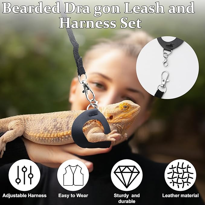 Bearded Dragon Harness and Leash Set, 3-Size Adjustable Soft Leather Reptile Leash for Training & Walking, Lizard Harness with Traction Rope, Walking Vest for Small Animal Outdoor, Black