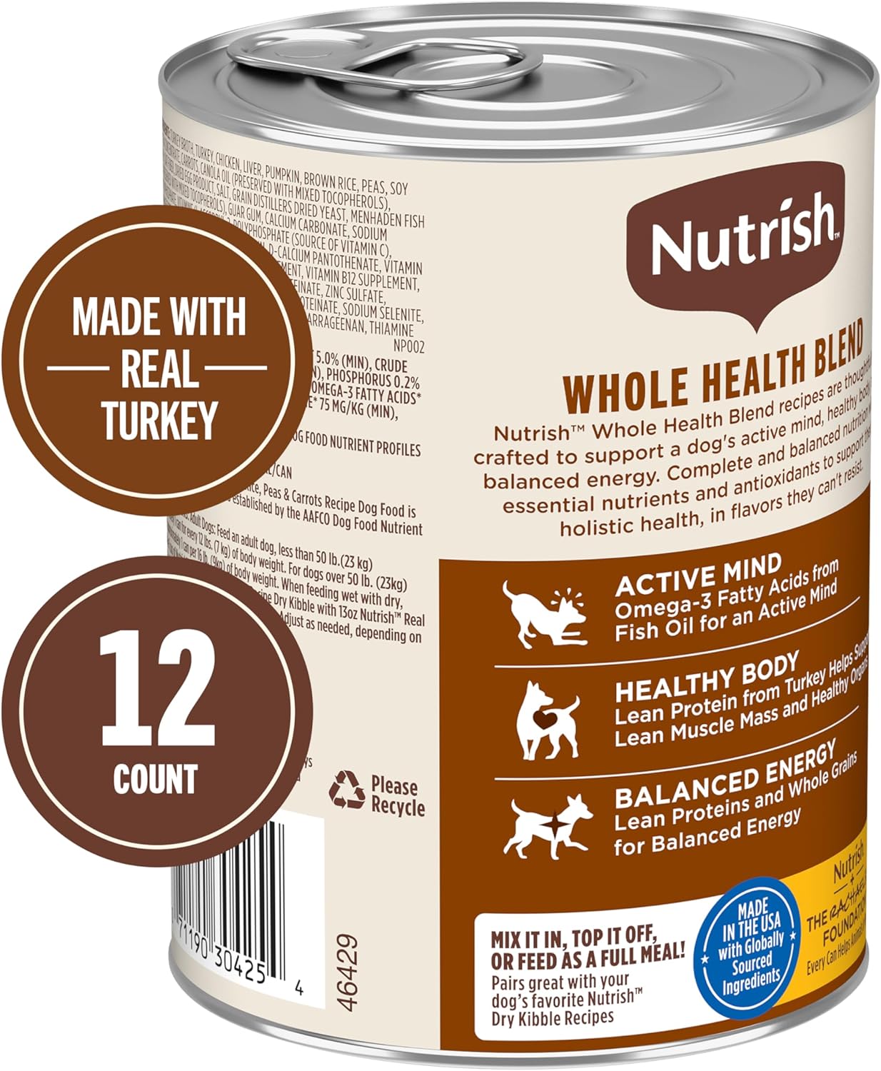Nutrish Rachael Ray Wet Dog Food Chunks in Gravy Real Turkey, Brown Rice, Peas & Carrots Recipe, 13 oz. Can