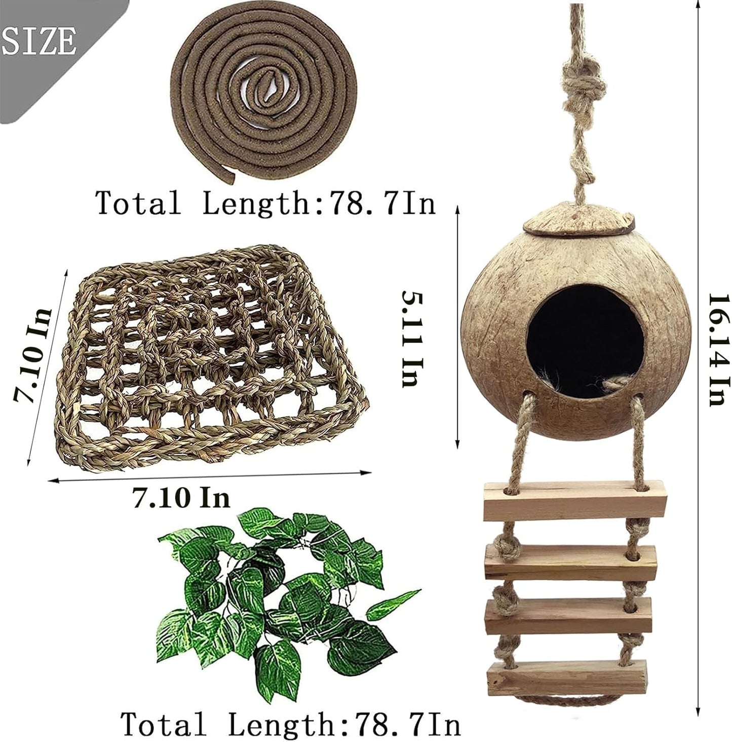 Crested Gecko Tank Accessories,Gecko Coconut Hut Hideout with Ladder Reptile Hammock Lizards Hanging Plants Flexible Climbing Jungle Vine Leaves Terrarium Decor