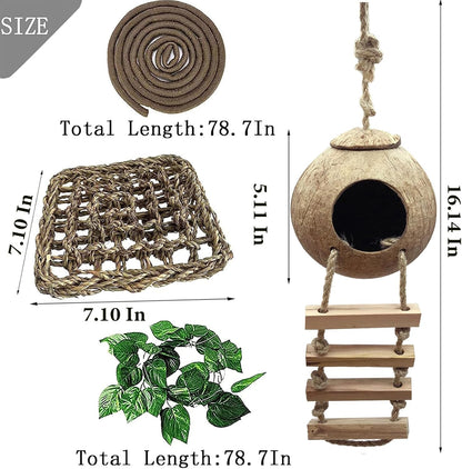Crested Gecko Tank Accessories,Gecko Coconut Hut Hideout with Ladder Reptile Hammock Lizards Hanging Plants Flexible Climbing Jungle Vine Leaves Terrarium Decor