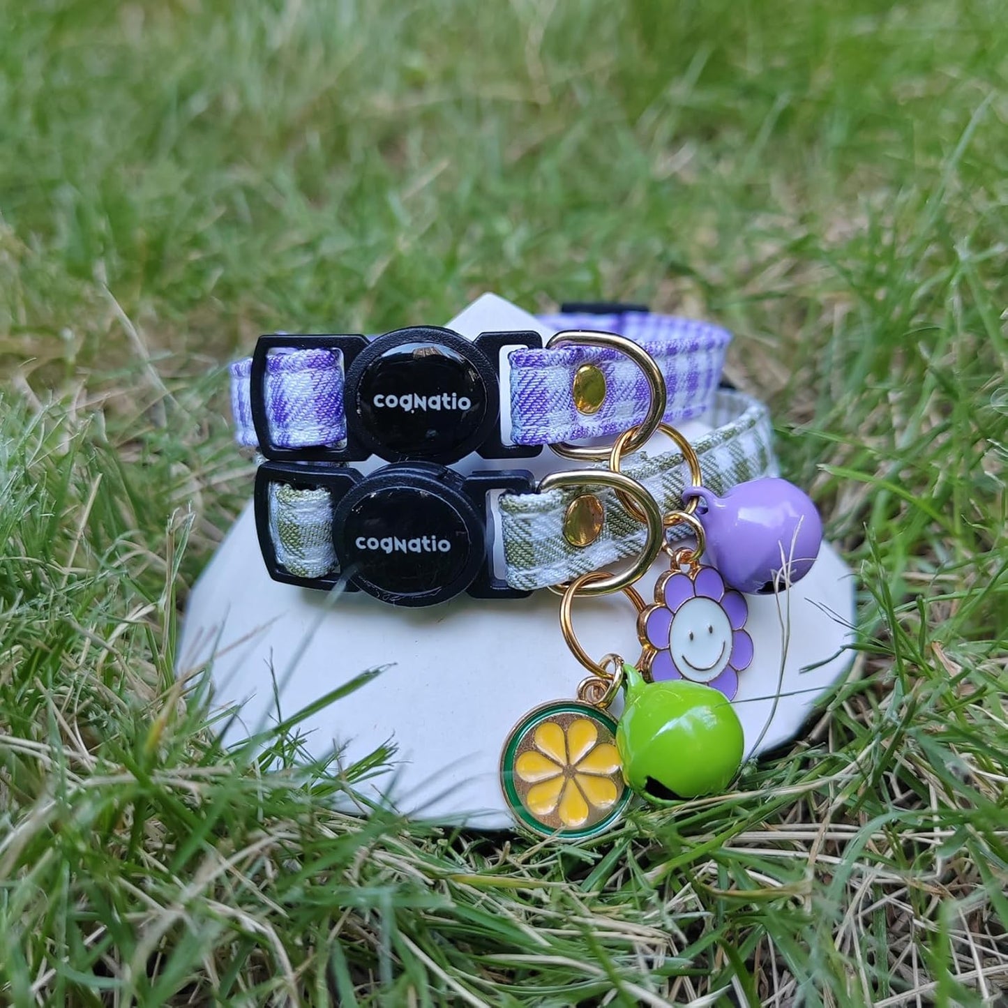 2 Pack Cotton Breakaway cat Collars with Bell,Safety Quick Release Pendant Cute Kitten Collar,Adjustable 20-30cm (Purple+Grass Green, 20-30cm)