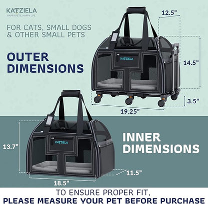 Katziela Rolling Pet Carrier Airline Approved - Pet Carrier with Wheels - Luxury Lorry - Deluxe TSA Approved Cat Carrier with 6 Wheels - Small Airline Approved Dog Carrier Trolley - Plane Carry On Bag