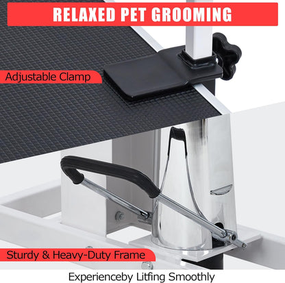 Professional Hydraulic Dog Grooming Table Heavy Duty 350Lbs, Adjustable Overhead Arm & Noose, Non-Slip PVC Top for Large Dogs, Salon-Grade Pet Grooming Station (White)