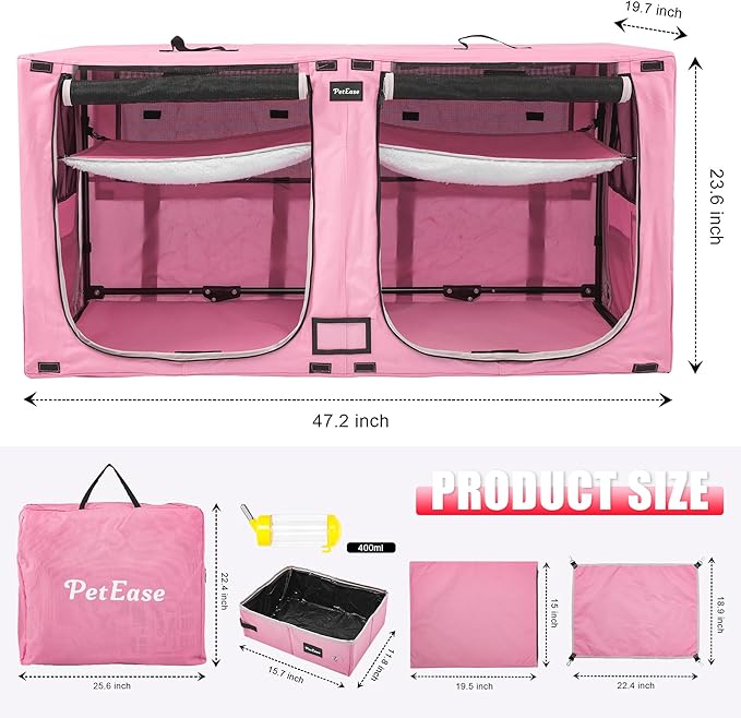 Huge Sapce Double Compartment Cat Travel Carrier with Litter Box & Homack | Cat Show Kennel Cage Crate with Mat & Water Bottle
