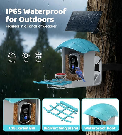Bird Feeder with Camera Solar Powered: Smart Bird Feeders for Outdoors Garden with AI Identify Auto Capture 2K HD Bird House with Camera Outside WiFi Live View Birdfeeder Cam Gift for Birds Lover