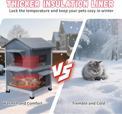 Plastic Outdoor Cat House - Cat House for Outside with Insulated Liner for Winter，100% Weatherproof Cat Houses for with Escape Door, Feral Cat Shelter for Porch Barns Strays
