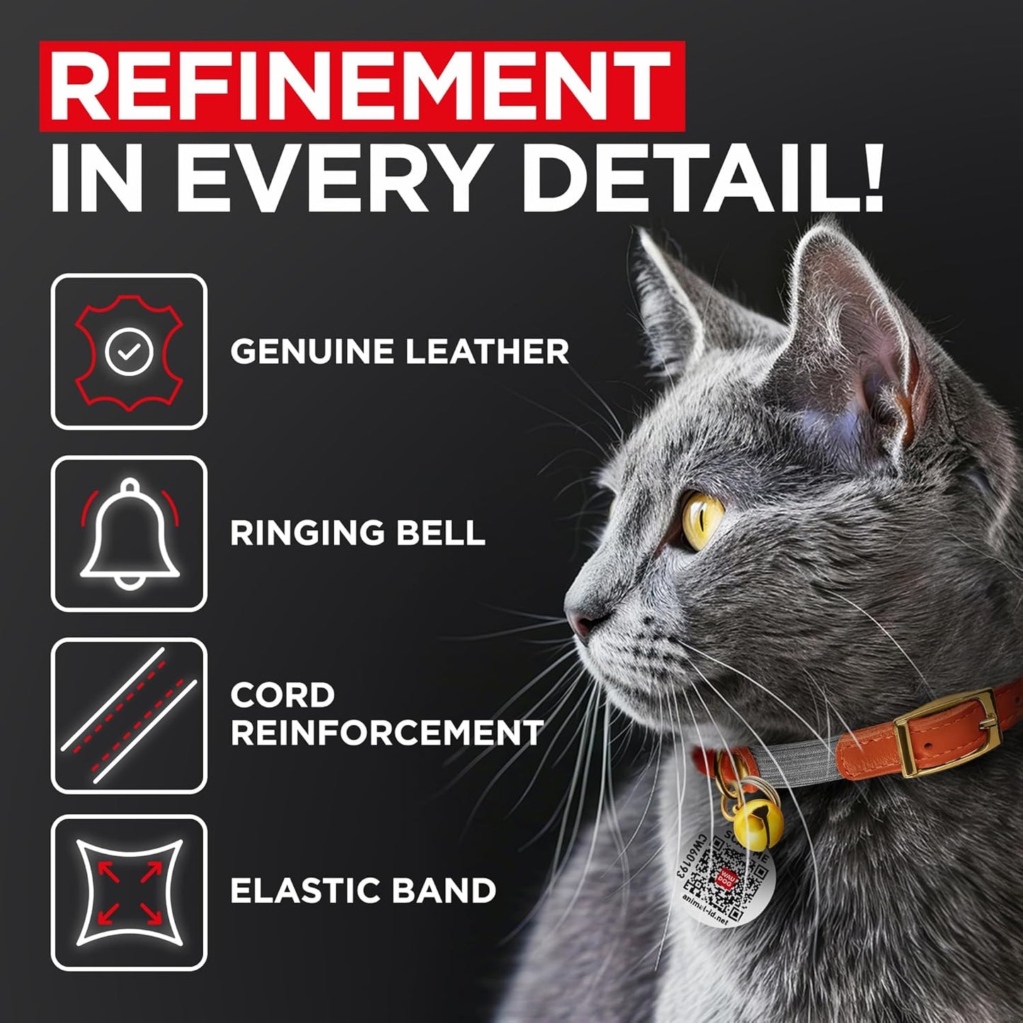 WAUDOG Ultra Soft Rolled Leather Cat Collar with Removable Bell, Safety Elastic Strap and QR ID Tag - Soft Padded for Small, Medium, and Large Cats - Round Kitten Collar for Male and Female Cats